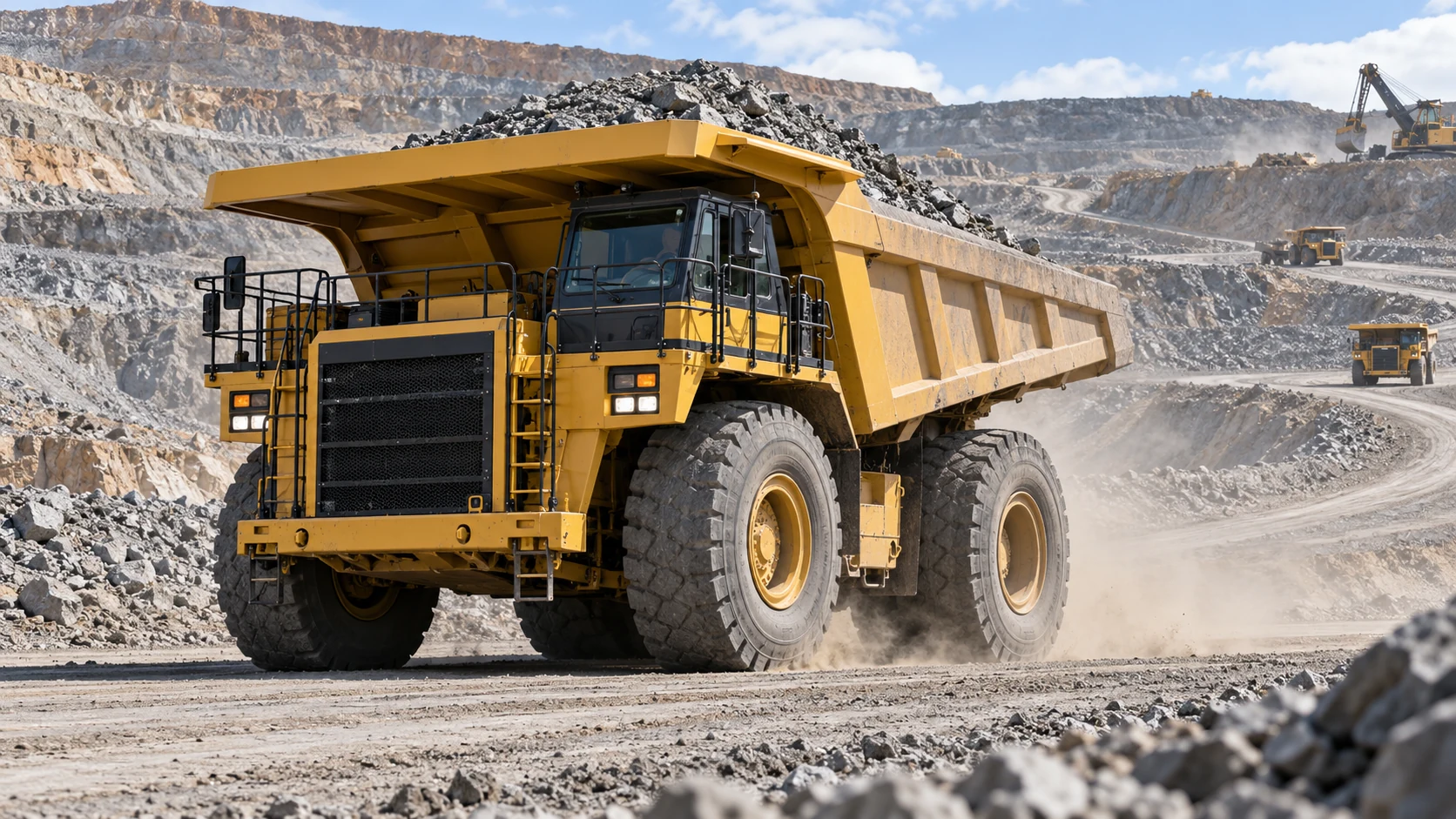 Large unbranded rigid-frame off-highway haul truck carrying rock in an open-pit mine (AI-generated visualization)